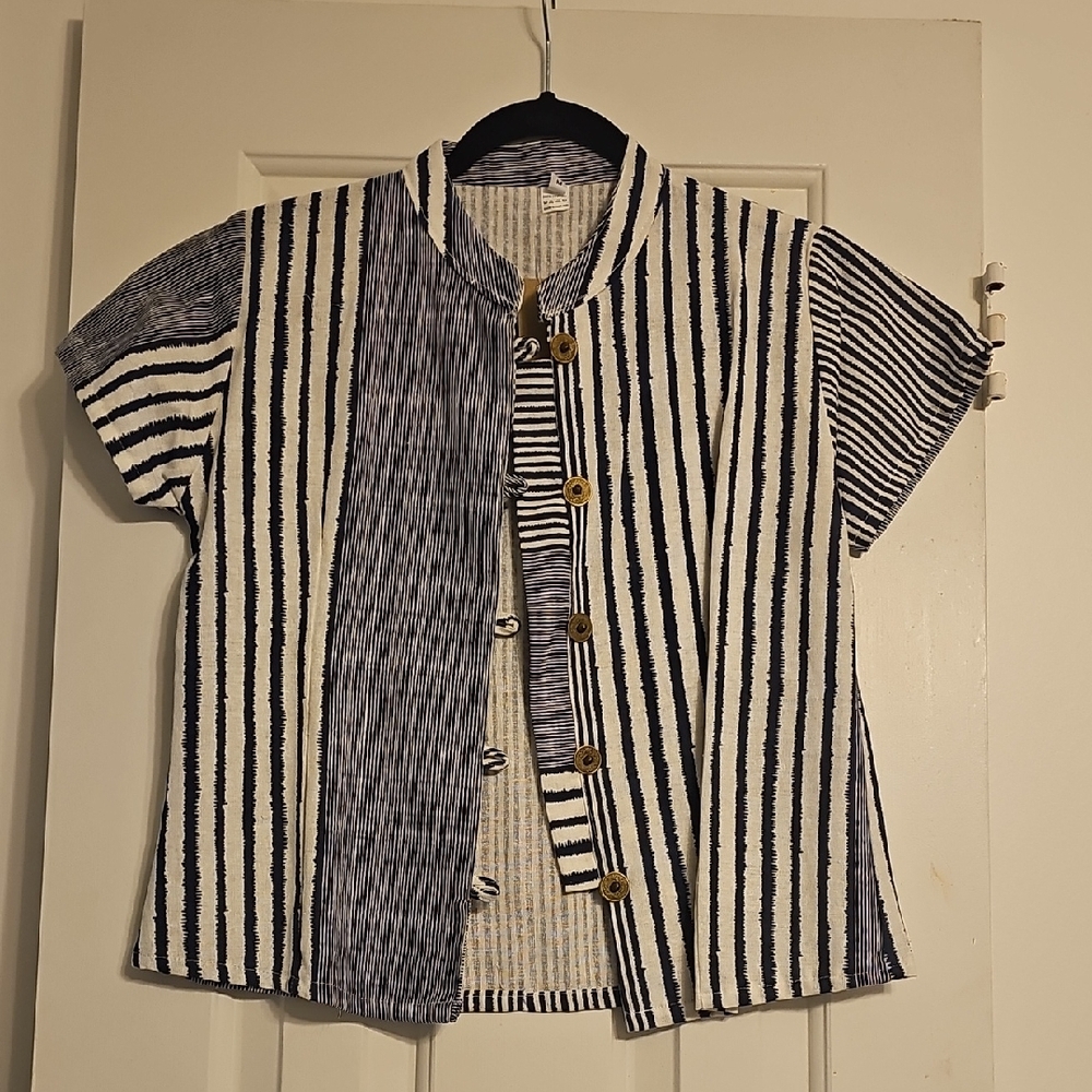 Navy Striped Button-Up Short Sleeve Shirt